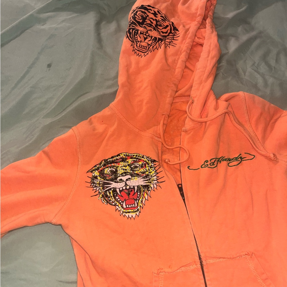 Ed Hardy Hoodie Women S Ivory Y2K Cropped Full Zip Tiger Tattoo Designer NWOT
